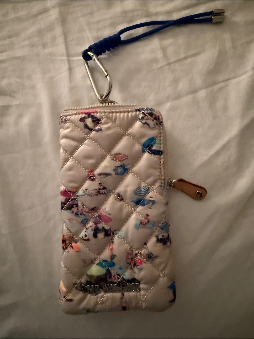 MZ Wallace Quilted Cream Floral Key & Card Holder with Blue Wrist Strap